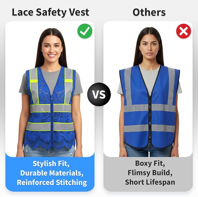 Lace-Mesh Safety Vest for Women & Men - Breathable, High Visibility Vest with Zipper & ANSI Class 2 Reflective Strips