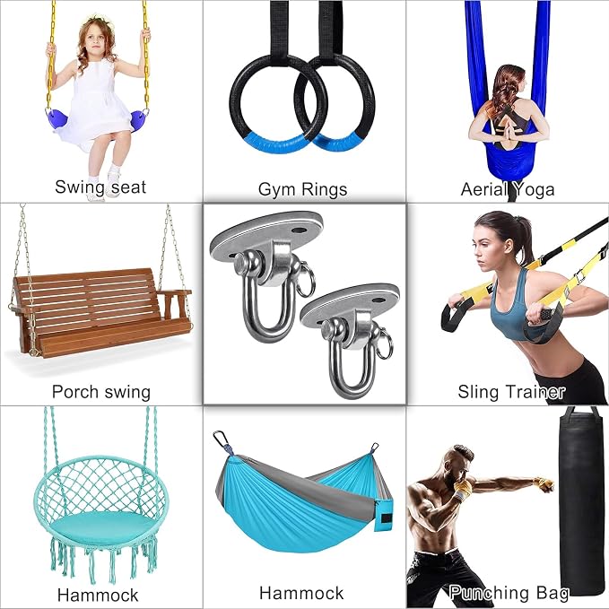 SELEWARE 2 Pieces 2000 lb Capacity Stainless Steel 180° Swing Hangers, Heavy Duty Swing Hooks for Concrete Ceiling Wooden, Hanging Hardware for Por Porch Playground Hammock Gym Swing Sets