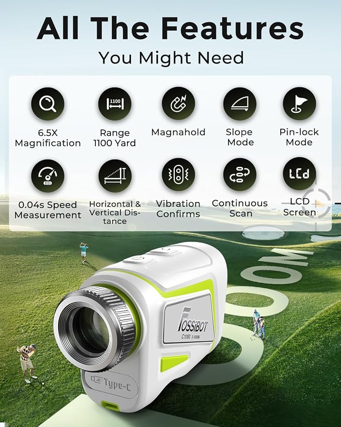 FOSSIBOT Range Finder Golf Rangefinder with Slope and Magnetic,Flag Pole Locking Vibration,6.5X Magnification,3-1100 Yards.