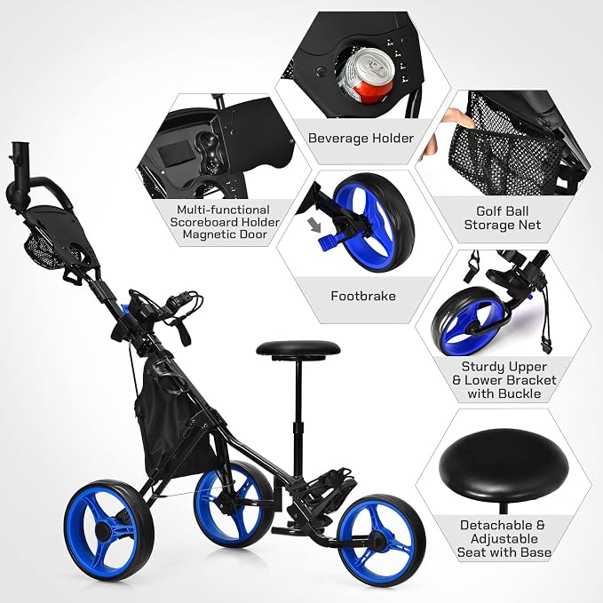 Golf Push Carts 3 Wheel Folding-Collapsible Lightweight Push Cart with Seat for Golf Clubs, Foot Brake/Umbrella Holder- 4 Height Position Handle