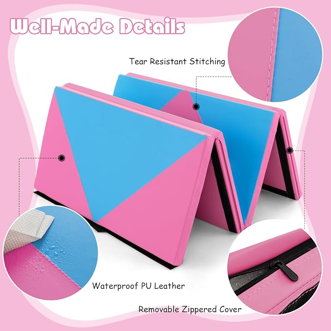 Goplus Gymnastics Mat, Folding Tumbling Mat with Carry Handles, Hook & Loop Fasteners, 4 Panels for Fitness Exercise Yoga Stretching Aerobics Workouts, Thick Gym Mats for Home
