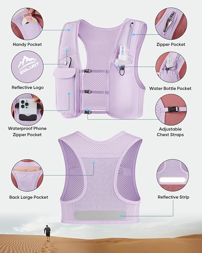Zelvot Running Vest for Women Men, Adjustable Running Phone Holder Vest, USA Original Patent, Running Hydration Vest with 500ml Soft Flask, Reflective Running Backpack for Hiking Cycling