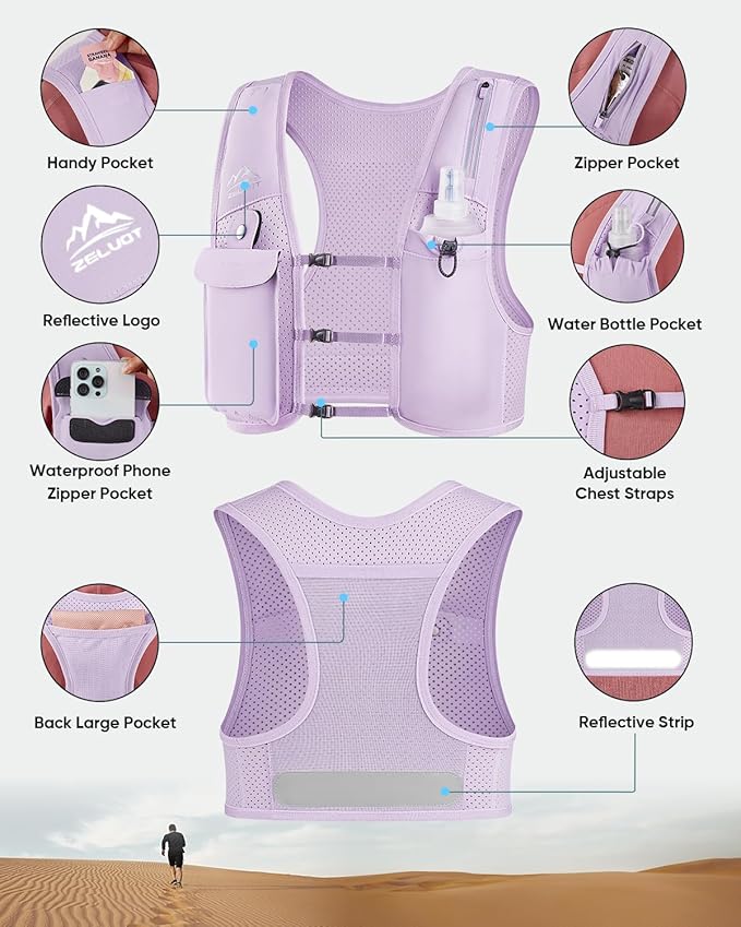 Zelvot Running Vest for Women Men, Adjustable Running Phone Holder Vest, USA Original Patent, Running Hydration Vest with 500ml Soft Flask, Reflective Running Backpack for Hiking Cycling