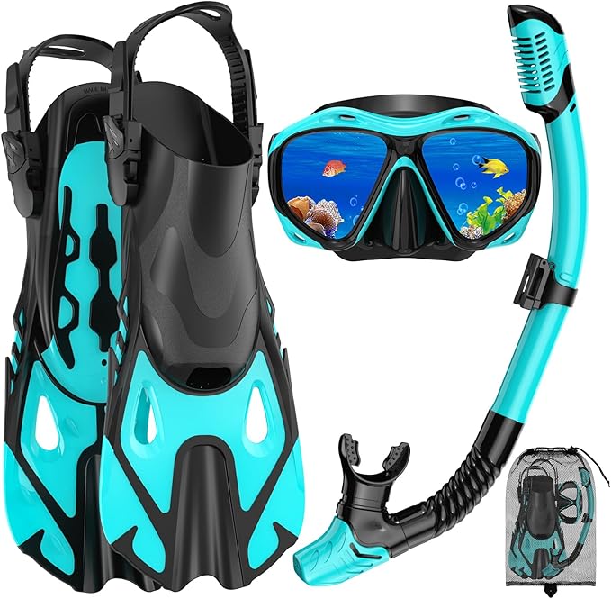 Snorkeling Gear for Adults, Mask Fin Snorkel Set, Dry Top Snorkel Mask, Panoramic View Anti-Leak Anti-Fog 3 in 1 Snorkeling Kit Travel Diving Package with Storage Bag