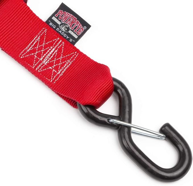 PowerTye Cam Buckle Tie Down Straps – 2 inch x 12ft Straps with Latch Hooks – Ideal for Motorcycle, ATV, Trailers, and Truck Bed Cargo – 600 lb WLL & 1,800 lb Break Strength – USA Made, Red (Pair)