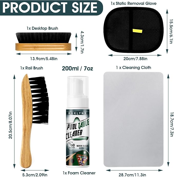 Foam Billiard Tables Cleaner Spray with 2 Pool Table Brushes, 1 Static Gloves, 1 Cloth - Essential Pool Table Cleaning Kit & Billiards Pool Table Accessories Kit for Billiards Players