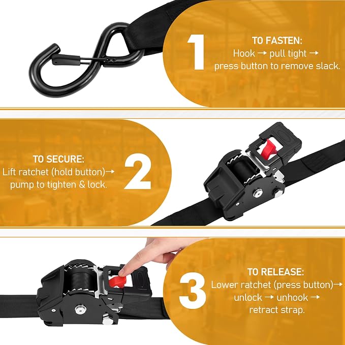 LEVELEVE Retractable Ratchet Tie Down Straps (2" x 6FT, 2-Pack, Black) - Heavy Duty 4000LBS Break Strength Quick-Lock, Weather Resistant for Moving, Cargo, Trucks & Boats