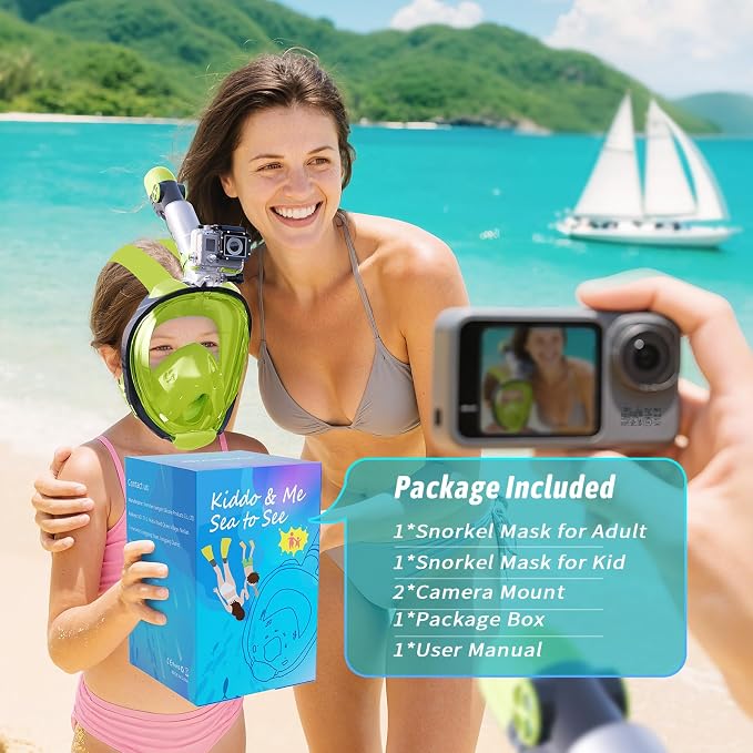 Greatever G2 Adults Kids Full Face Snorkel Mask 2 Pcs,Snorkeling Gear with Latest Dry Top System,Foldable 180 Degree Panoramic View,Safe Breathing,Anti-Leak&Anti-Fog Snorkeling Mask with Camera Mount