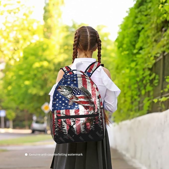 School Backpack Boys Bass Fish American Flag Backpack for Kids Children Elementary Middle School Backpacks Fishing Bookbag Travel Back Pack for Age 6-18