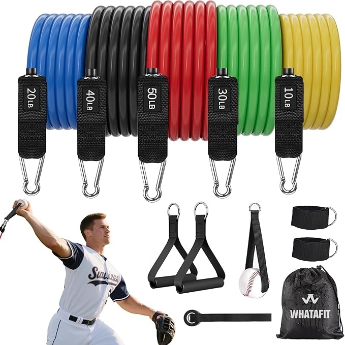 WHATAFIT Resistance Bands, Exercise Bands, Workout Bands with Handles, Door Anchor and Ankle Straps, 5 Resistance Levels Fitness Bands for Strength Training, Physical Therapy, and Home Gym Equipment