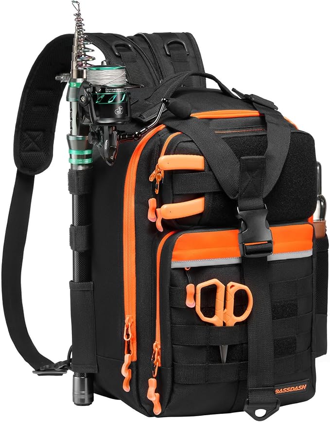 BASSDASH Convertible Fishing Backpack Sling Bag with Rod Holder, Adjustable Tactical Water-Resistant Tackle Storage Pack FP07