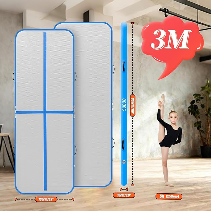 SUDOO Gymnastics Air Mat 10ft/13ft/16ft Inflatable Air Tumble Track Mat 4" Thick Tumbling Mat With Pump or No Pump for Training Tumble Yoga Cheerleading Parkour Beach Water Activities Home Use