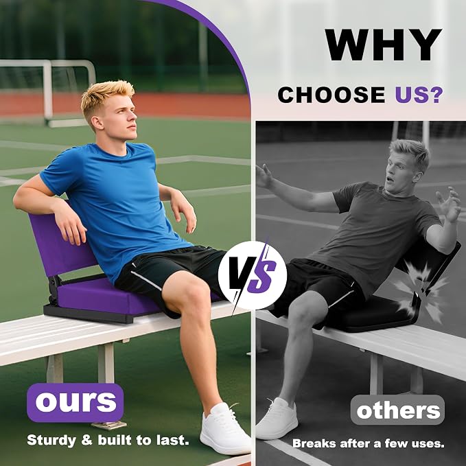 Fragess Bleacher seat, Stadium Seats with Back Support and Thick Cushion, Bleacher Chairs with Shoulder Strap and Side Pocket, Stadium Seat for Bleachers, Perfect for Sports Events(Purple)