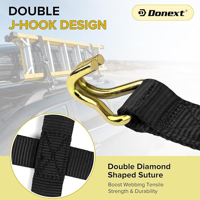 4 Pack Retractable Ladder Rack Ratchet Straps, 2" Round Tube Mount Tie Downs, 1.5" x 7.5' Heavy Duty 500 lbs Load Capacity with Double J-Hooks, Bolt-On Cargo Buckle for Truck & Van Roof Racks