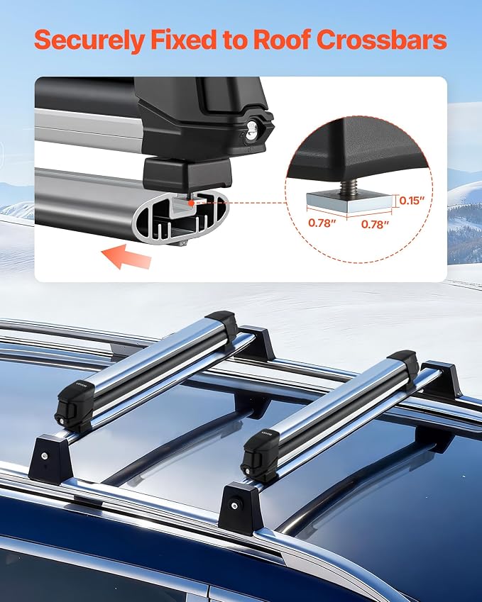 VEVOR Ski & Snowboard Roof Rack, Carry up to 6 Pairs of Skis or 4 Snowboards, 2 PCS Aluminum Universal Car Roof Rack with Lock & Rubber Padding, Carrier for Fishing Rod, Fit Most Slotted Crossbars