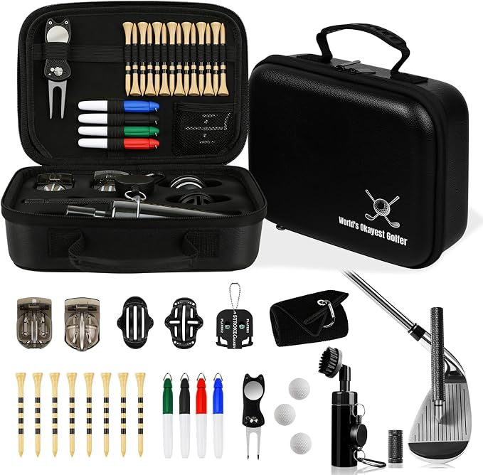 30Pcs Golf Accessories Kit with Towel, Club Brush & Groove Cleaner, Golf Balls, Tees, Score Counter, Ball Line Marker Tool, Divot Repair Tool Color Ball Markers Pen–Golf Gift for Men Golfers