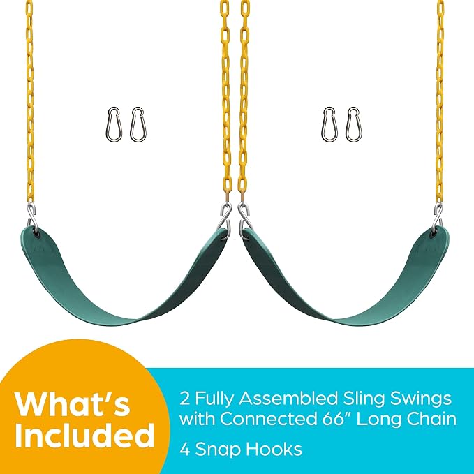 Jungle Gym Kingdom Swing for Outdoor Swing Set - Swing Seat Replacement Kit with Heavy Duty Chains - Backyard Swingset Playground Accessories for Kids - Green, 2 Pack