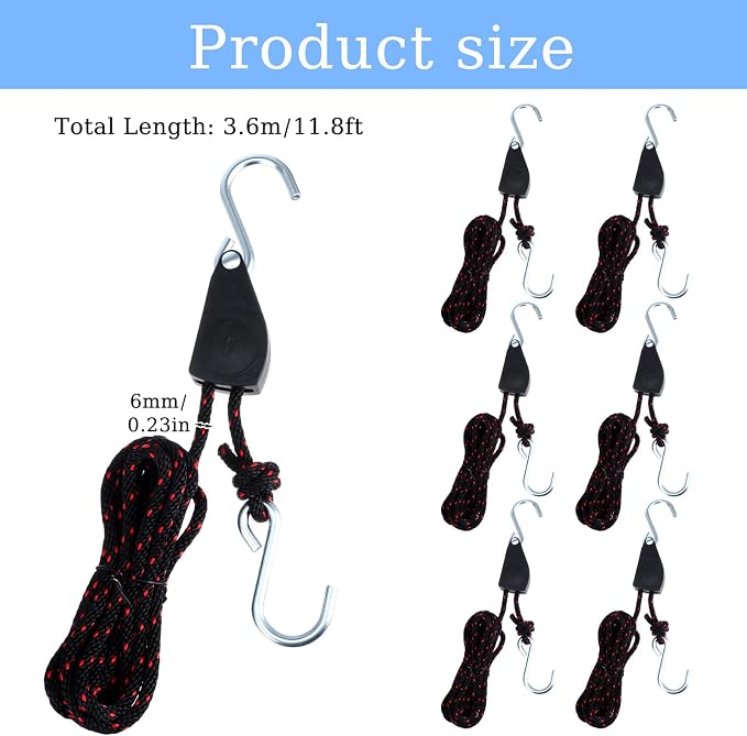 6 Pack Kayak Rope Tie Downs Ratchet Straps, 1/4" x 11.8ft Kayak-Ratchet-Ties Downs Canoe Bow and Stern Ties Down Straps, Heavy Duty Adjustable Rope Clip Tie Down Kayak and Canoe Accessories