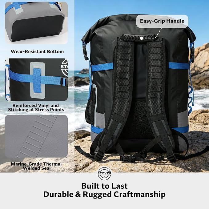 STOVER 55L Waterproof Dry Backpack & Phone Case - 2XL Floating Dry Bag for Kayaking, Travel, Hiking, Fishing, Camping, Motorcycles & Beach, Heavy-Duty Roll Top Men/Women (Black/Grey/Blue)