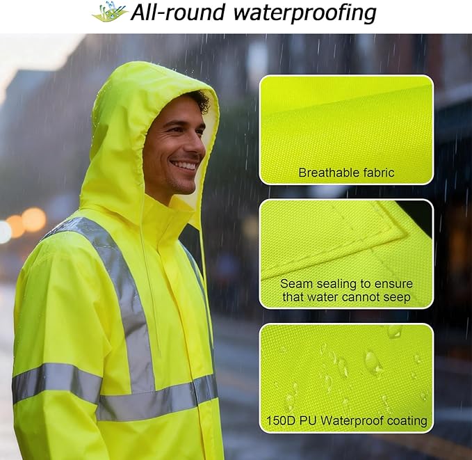 High Visibility Rain Jacket, High Vis Rain Suit for Men, Waterproof Rain Coat with Hood, Class 3 Lightweight Hi Vis Rain Gear for Outdoor & Safety Work, Men Women, Yellow T, 2XL-3XL