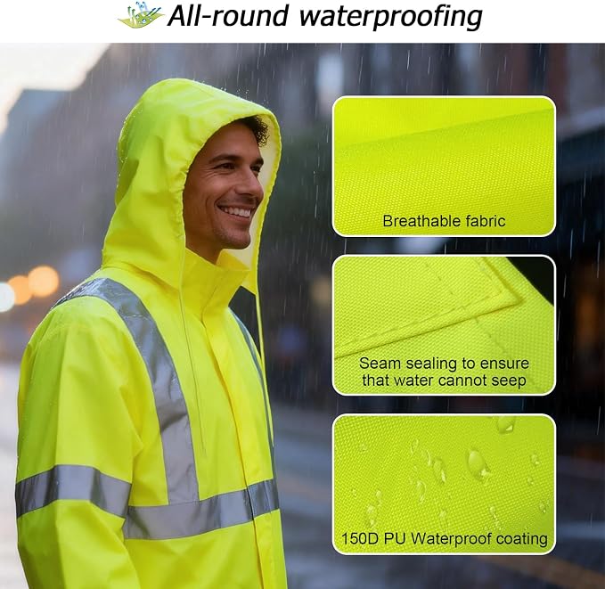 High Visibility Rain Suit, High Vis Rain Suit for Men, Waterproof Rain Jacket with Hood, Class 3 Lightweight Hi Vis Rain Gear for Outdoor & Safety Work, Men Women, Yellow T, 4XL-5XL