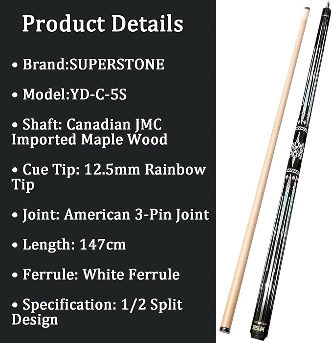 SUPERDIAMOND Pool Cue Stick Set Billiard Cue Sticks with Hard Case, 2-Pieces 58" Pool Table Sticks, 12.5 mm Tip Pool Queue,Pool Stick Set for Home Recreation, Billiards Clubs, Training