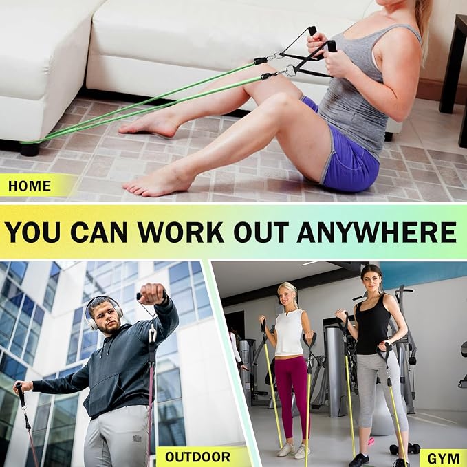 WHATAFIT Resistance Bands, Exercise Bands, Workout Bands with Handles, Door Anchor and Ankle Straps, 5 Resistance Levels Fitness Bands for Strength Training, Physical Therapy, and Home Gym Equipment