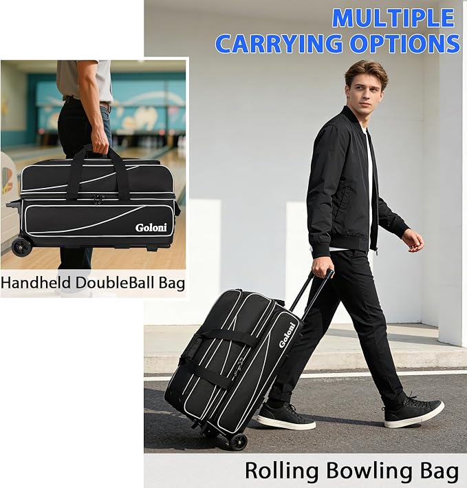 Goloni 3 Ball Bowling Bag with Wheels, Rolling Bowling Roller Bag with Retractable Handle for Balls & Bowling Accessories
