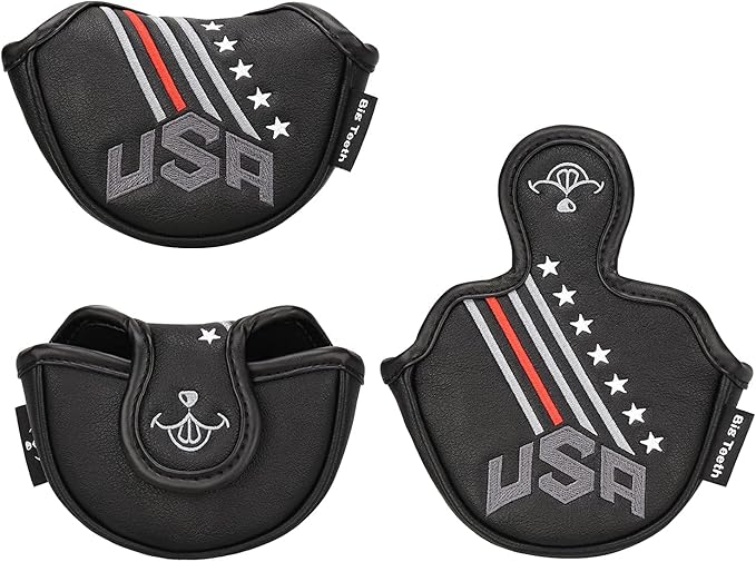 Big Teeth Golf Cover USA Stripe and Star Headcover Covers, Driver Fairway Wood Hybrid Headcovers Fits Blade Mallet Putter Iron and Woods with Magnetic Club Protector Pu Leather Golf Accessories