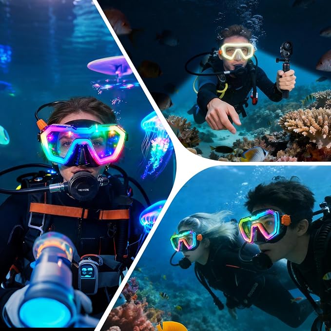 Diving mask Panoramic Wide View Anti-Fog Scuba Diving LED Mask Rechargeable Snorkeling Gear