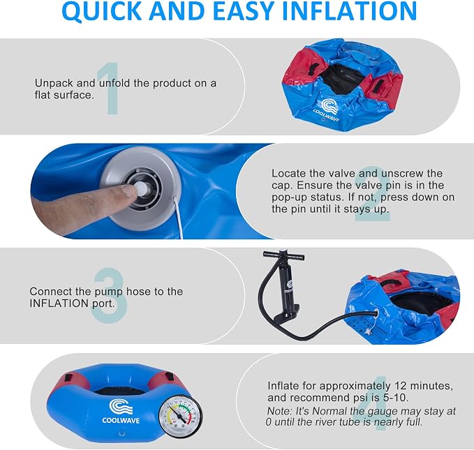 COOLWAVE Inflatable River Tube with Hand Pump, Heavy-Duty River Tubes for Floating, 43" Floating Tube with Mesh Seat for River, Lake, and Whitewater, Float Tube for Family and Friends, 300LBS Capacity