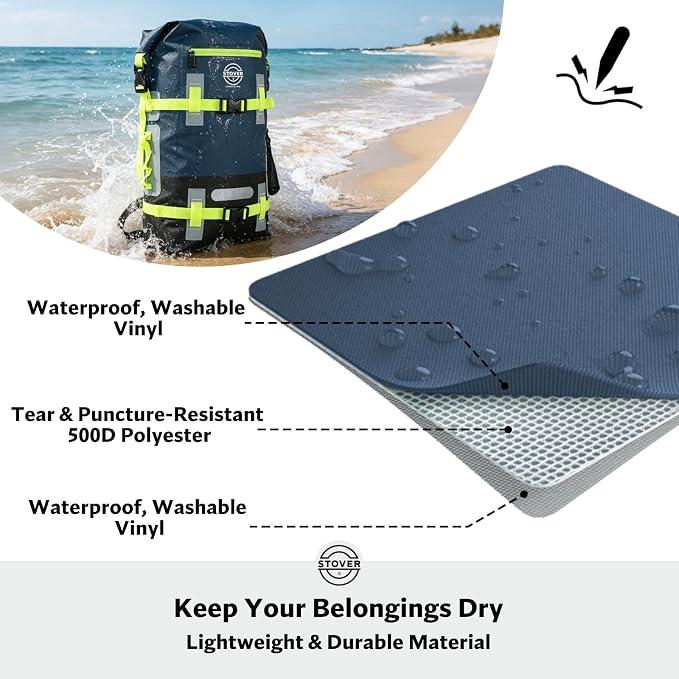 STOVER 30L Waterproof Dry Backpack & Phone Case - X-Large Floating Dry Bag for Kayaking, Travel, Hiking, Fishing, Camping, Motorcycles & Beach, Heavy-Duty Roll Top Men/Women (Navy Blue/Black/Green)