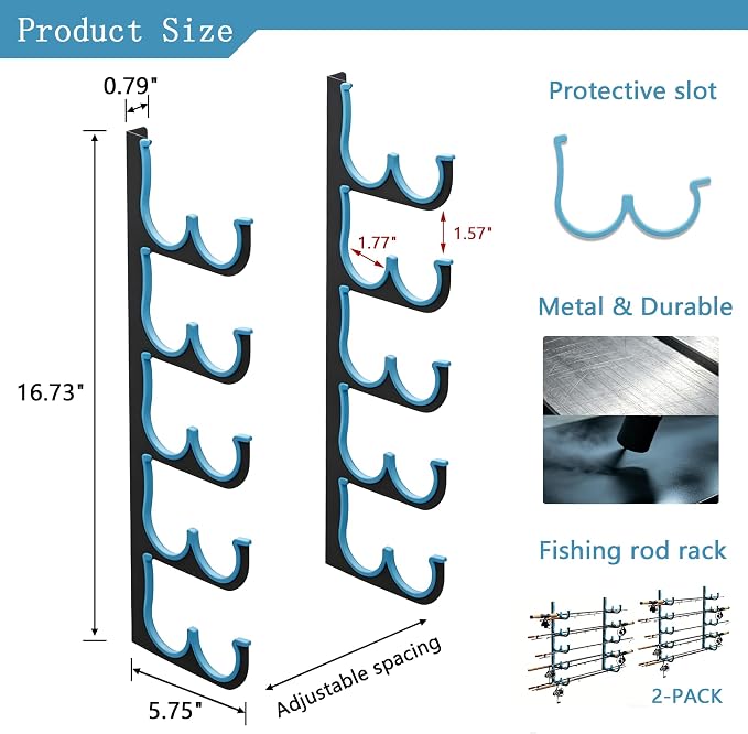 Fishing Rod Holders & Pole Holders for Garage, Wall Mounted Metal Fishing Rod Storage Organizer Rack Holds Up to 6/10/12/20 Rods or Combos, Suitable for Catfish Fishing Gear