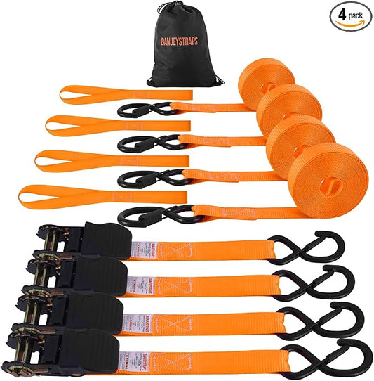 1" x20FT Extra Long Ratchet Straps with S-Hooks & Soft Loops (4-Pack) - 1,750lb Heavy Duty Tie Downs for Truck, Trailer, Boat, Motorcycle & Construction