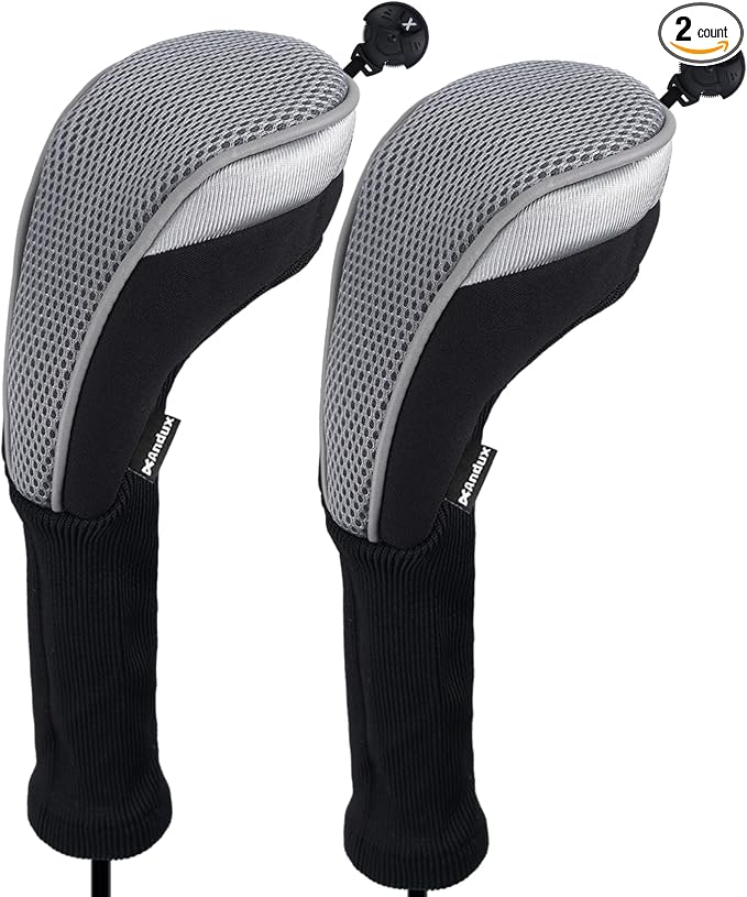 Andux 2pcs Long Neck Golf Hybrid Club Head Covers Dial No. Tag CTMT-02 | Mesh Breathable material | all the Same Size | Coloured Piping | Pull-On Closure