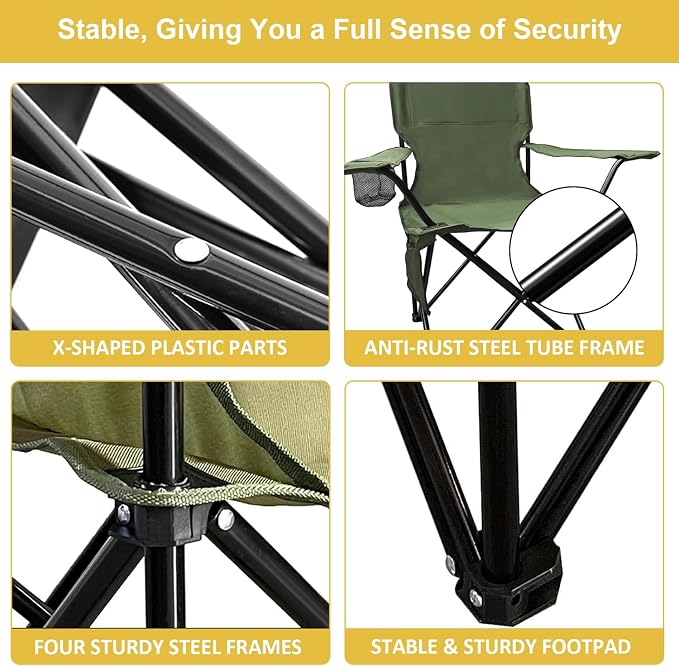 Folding Camping Chair with Cup Holder & Storage Bag, 225lbs Capacity, Large Anti-Sink Feet, Breathable PE Coated Fabric for Outdoor, Hiking, Beach, Fishing, Backpacking, Green