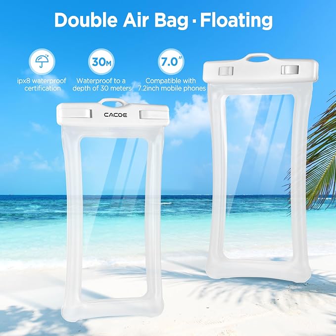 CACOE [Floatable] Floating Universal Waterproof Phone Case 2 Pcs-Up to 7.0",Waterproof Phone Pouch with Adjustable Neck Lanyard,IPX8 Cellphone Dry Bags for Beach Pool Swimming（White+Blue）