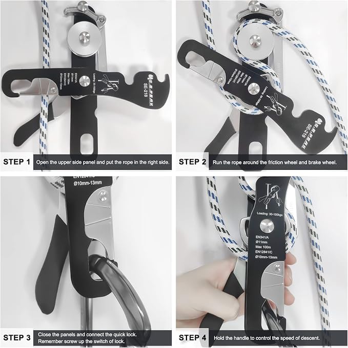 CE Certified Climbing Double Stop Descender Self-Braking Self Locking Rappelling Belay Devices for 10-12.5mm Rope for Rescue & Arborist, Hand Control