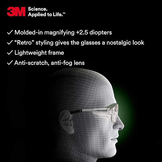3M Safety Glasses with Readers, Nuvo Protective Eyewear, +2.5, ANSI Z87, Gray Frame, Clear Lens, Soft Nose Bridge, Side Shields