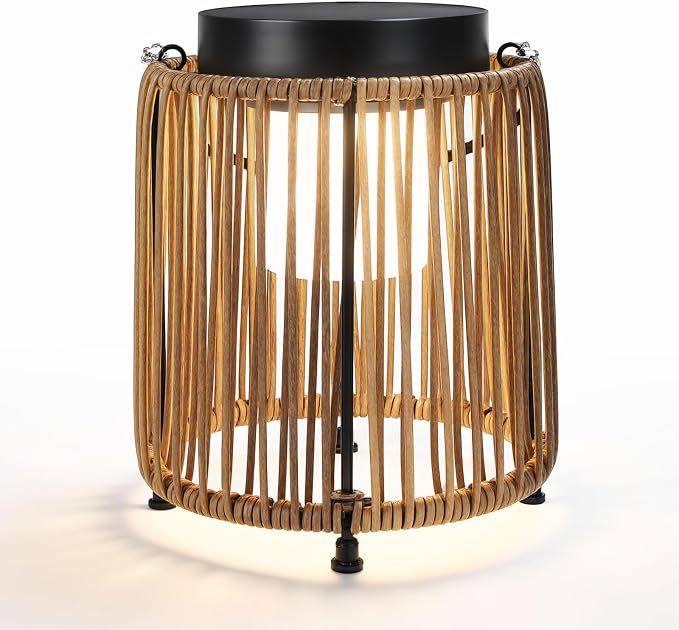 Solar Lanterns Outdoor Waterproof IP54, Handwoven Wicker Outdoor Table Lamps Portable Rechargeable with 30H+ Runtime, Dual USB-C/Solar Charging Hanging Lantern, 3 Brightness Levels