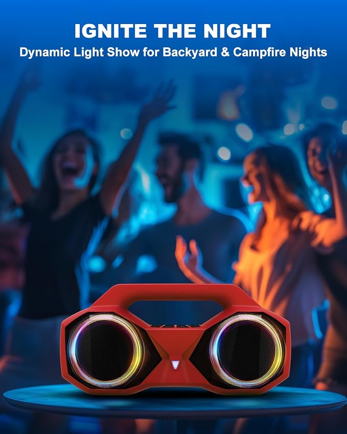OZJ Bluetooth Speaker Outdoor Loud: 80W(Peak) with Bass, Portable Wireless Speaker with IPX7 Waterproof, 20H Playtime, RGB Lights, TWS for Outside, Beach, Work (Red)