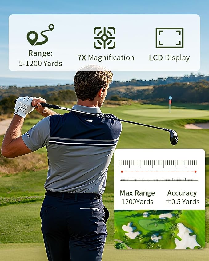 Lensaylx Golf rangefinder,1200 Yards Laser Golf Rangefinder with Slope,7X Magnification,Pin Flag Pole Lock,IPX4 Waterproof,Rechargeable Battery Magnetic Strip Laser Rangefinders for Golf and Hunting
