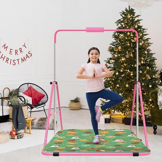 Gymnastics Bar with Self-Inflating Mat for Kids, Adjustable Height Gymnastic Horizontal Bars with Mat, Folding Gymnastic Training Monkey Bars, Junior Expandable Training Kip Bar for Home