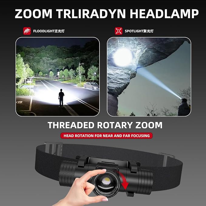 Headlamp Rechargeable 5000mAh Hard Hat Light,2700LM Forehead LED Flashlight Lightweight,Adjustable Zoom, IPX4 Waterproof for Camping, Running, Work, Hiking, Fishing