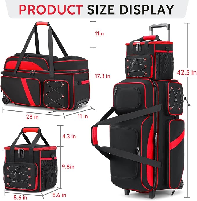 4 Ball Bowling Bag with Wheels, 3 Ball Bowling Bags Roller with 1 Ball Add On Bag, Multi-Pockets & Shoe Compartment (Fits Up to Size 16)