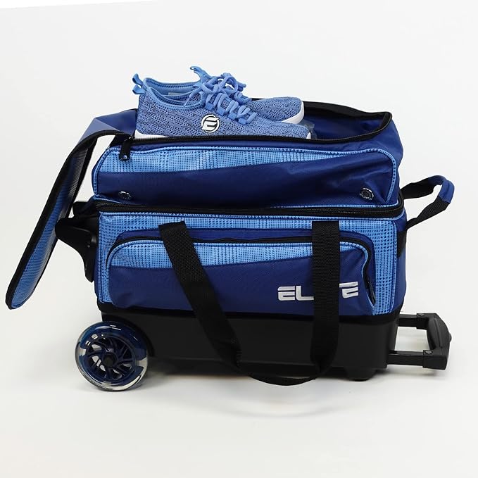 ELITE Deluxe 2 Ball Bowling Bag with 5" Smooth Wheels - Large Accessory Pocket, Shoe Compartment, 36" Extendable Handle