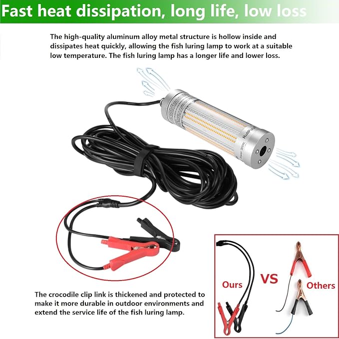 300W 36000lm Underwater Fishing Light, IP68 Waterproof Aluminum Super Bright Night Fish Attracting Submersible LED Lamp Lure Bait Finder for Freshwater Saltwater Sea Kayak Ice Dock (Yellow)