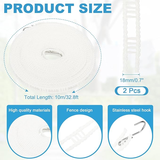 uxcell 2 Pcs Portable Travel Clothesline, 32.8ft Clothes Line Outdoors Travel Hanger Foldable Clothesline Rope with Hooks for Camping Hotel Backyard Home Cruise Ship, White