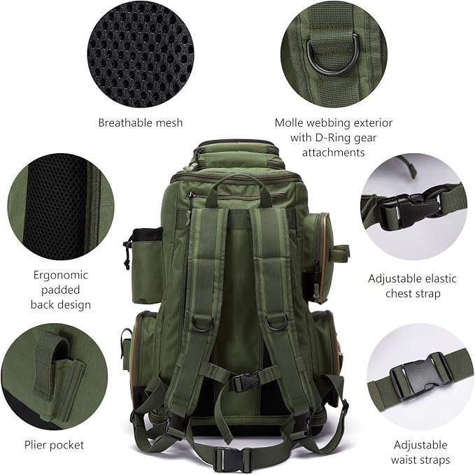 BASSDASH Fishing Tackle Backpack Water Resistant Tactical Bag Soft Tackle Box with Rod Holder and Protective Rain Cover