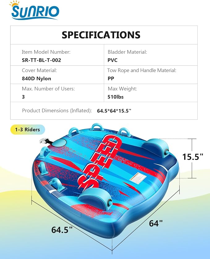 2025 Upgrade Towable Tubes for Boating 1-3 Riders Inflatable Water Sport Towable Tube for Boat Heavy Duty Nylon Cover with Zipper Bolster Fins Safety Air Valve Padded Handle